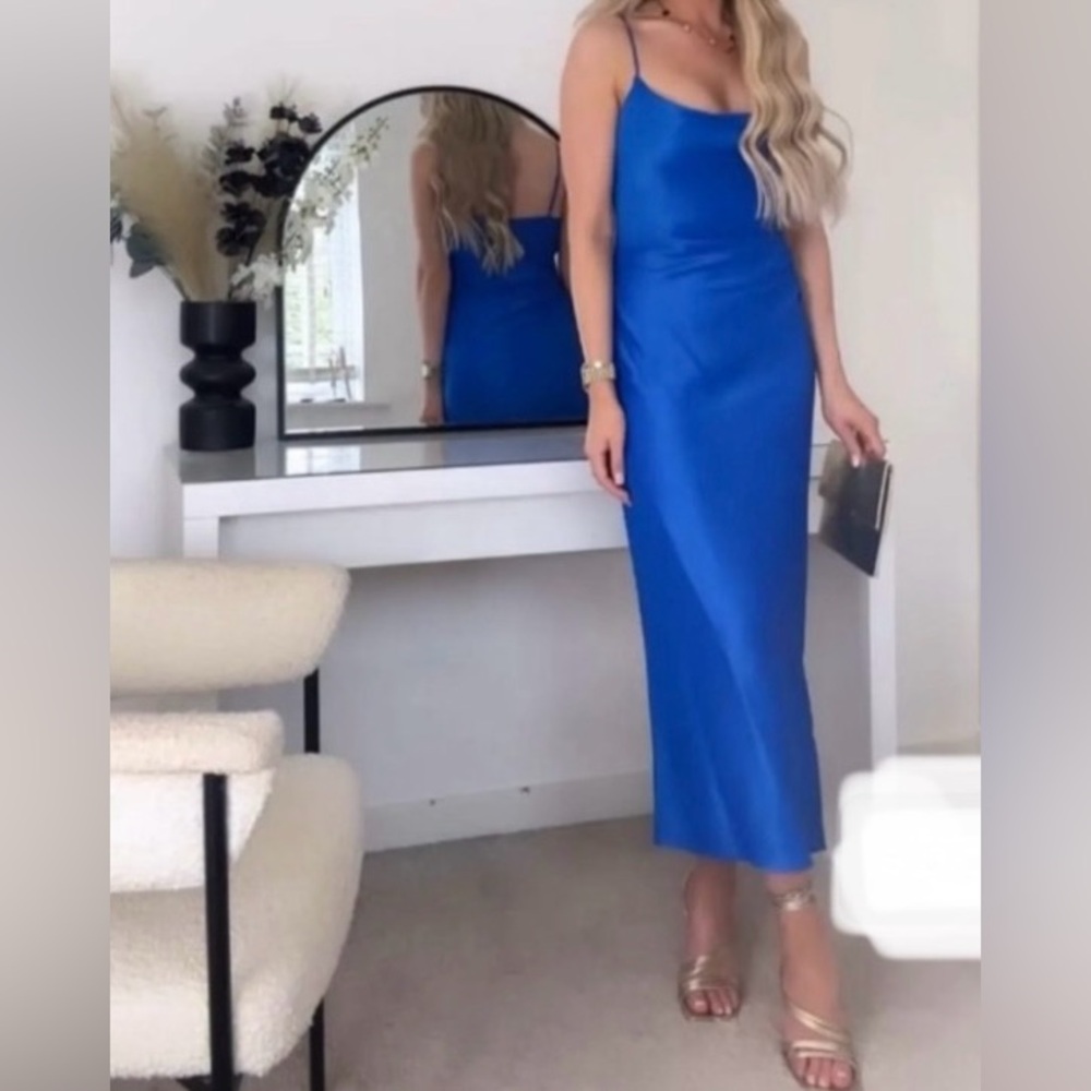 *****SOLD***ZARA BLUE COWL NECK SATEEN MIDI GODDESS DRESS. Size medium.